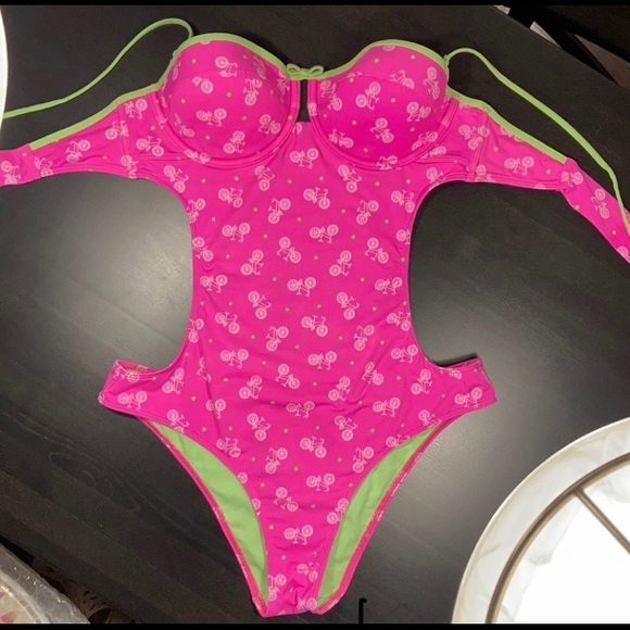 Large. Abercrombie & Fitch Underwire Monokini Pink w/ Green Polka Dots - Picture 1 of 6